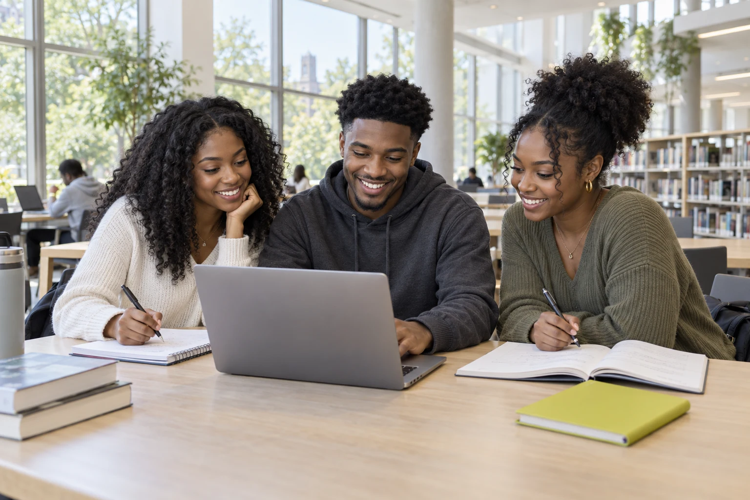 Three Black college students collaborating around a laptop in a campus library